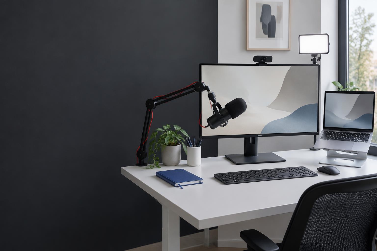 A creator workspace with microphone, webcam, lighting and laptop